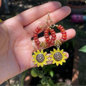 Sunflower and agate drop hoop earrings